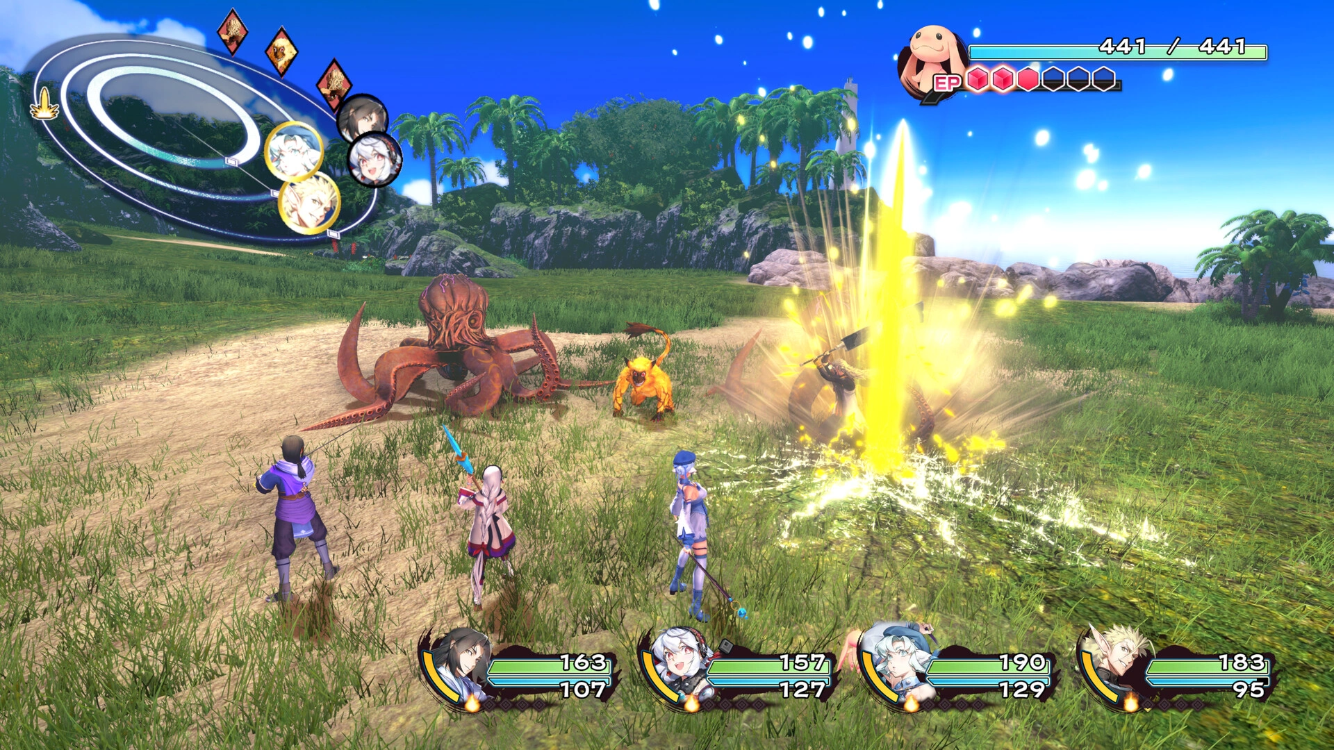 Turn-based JRPG gameplay featuring the Action Ring system (Image source: Steam)