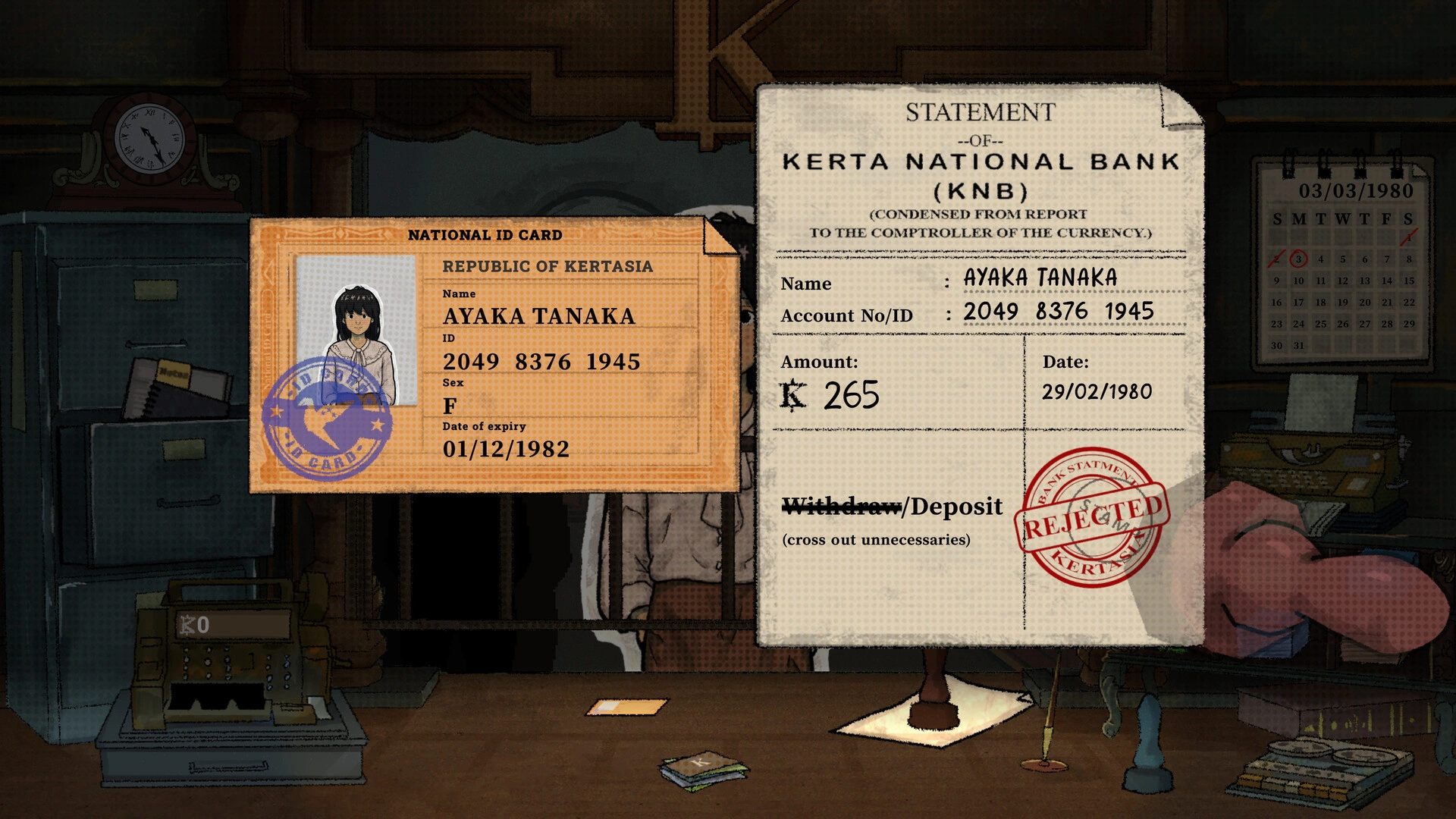 Inspecting bills and documents in Teller's Duty. (Image source: Steam)