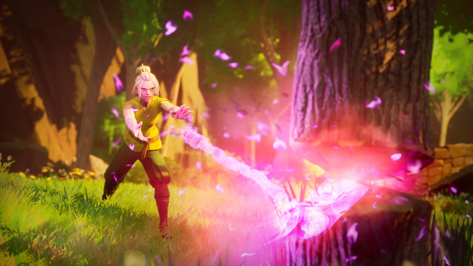 Summoning a magical axe to chop down trees (Image source: Steam)