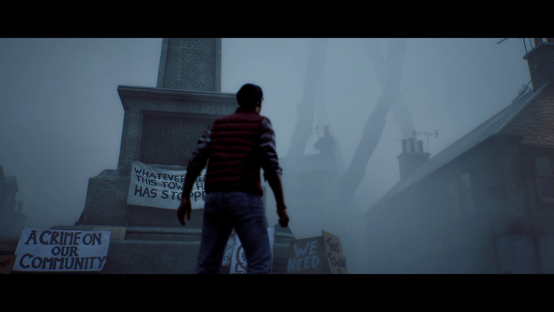 A town engulfed in thick fog (Image source: Steam)